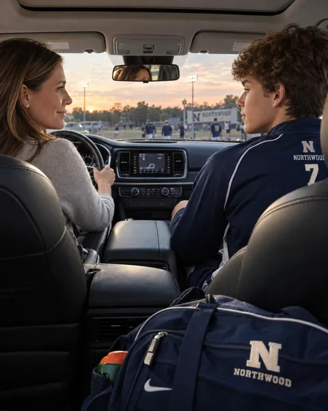 Mother and teenage athlete sharing a calm car ride after the game