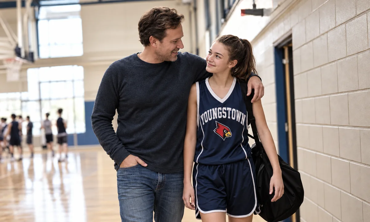 Father and teenage athlete smiling together after practice