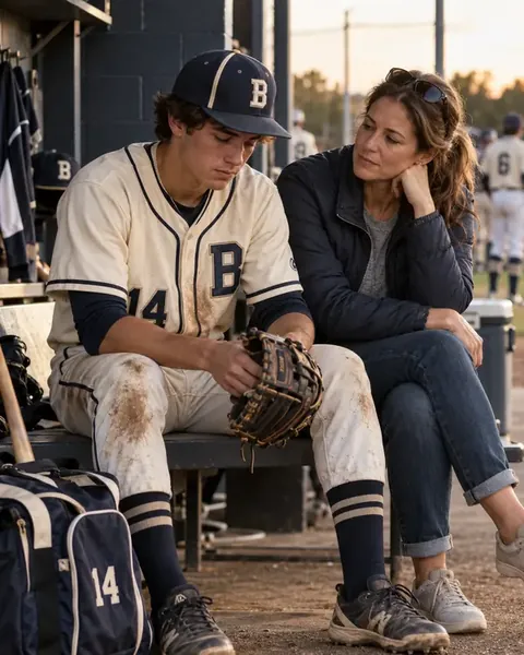 Baseball athlete sitting with his mother after a difficult game