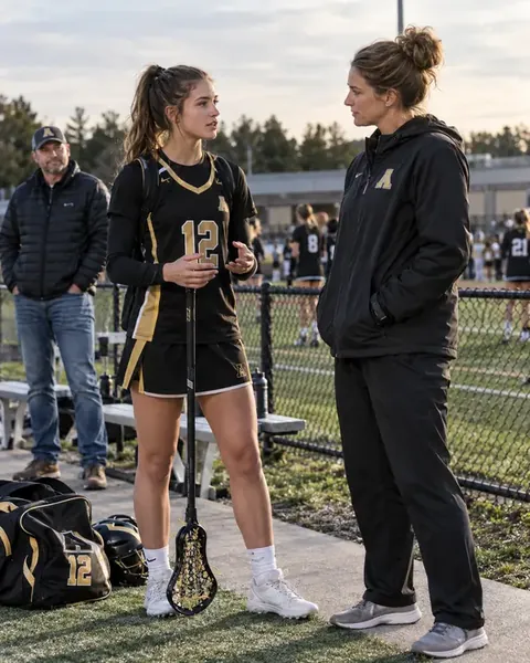 Lacrosse athlete speaking with her coach while her father waits nearby
