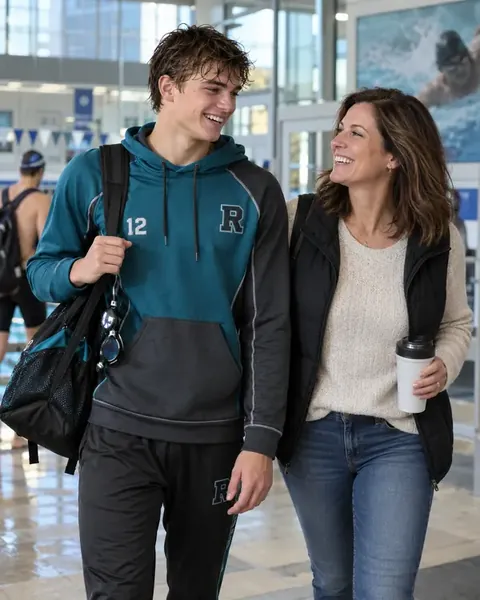 Swimmer laughing with his mother while leaving the aquatic centre