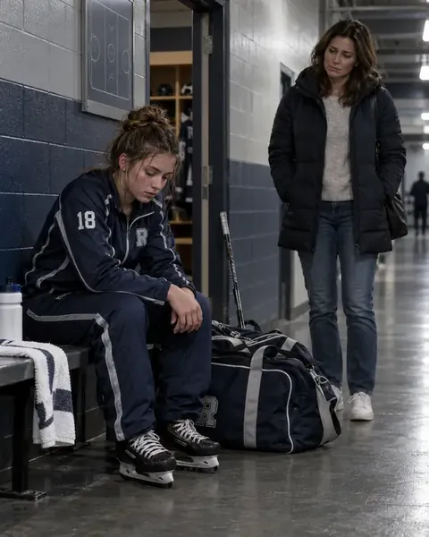 Tired hockey athlete sitting outside the locker room while her mother notices