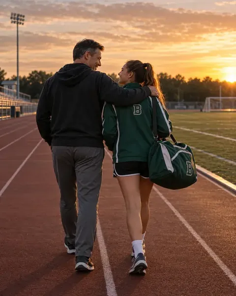 Father and daughter walking together along the track at sunset