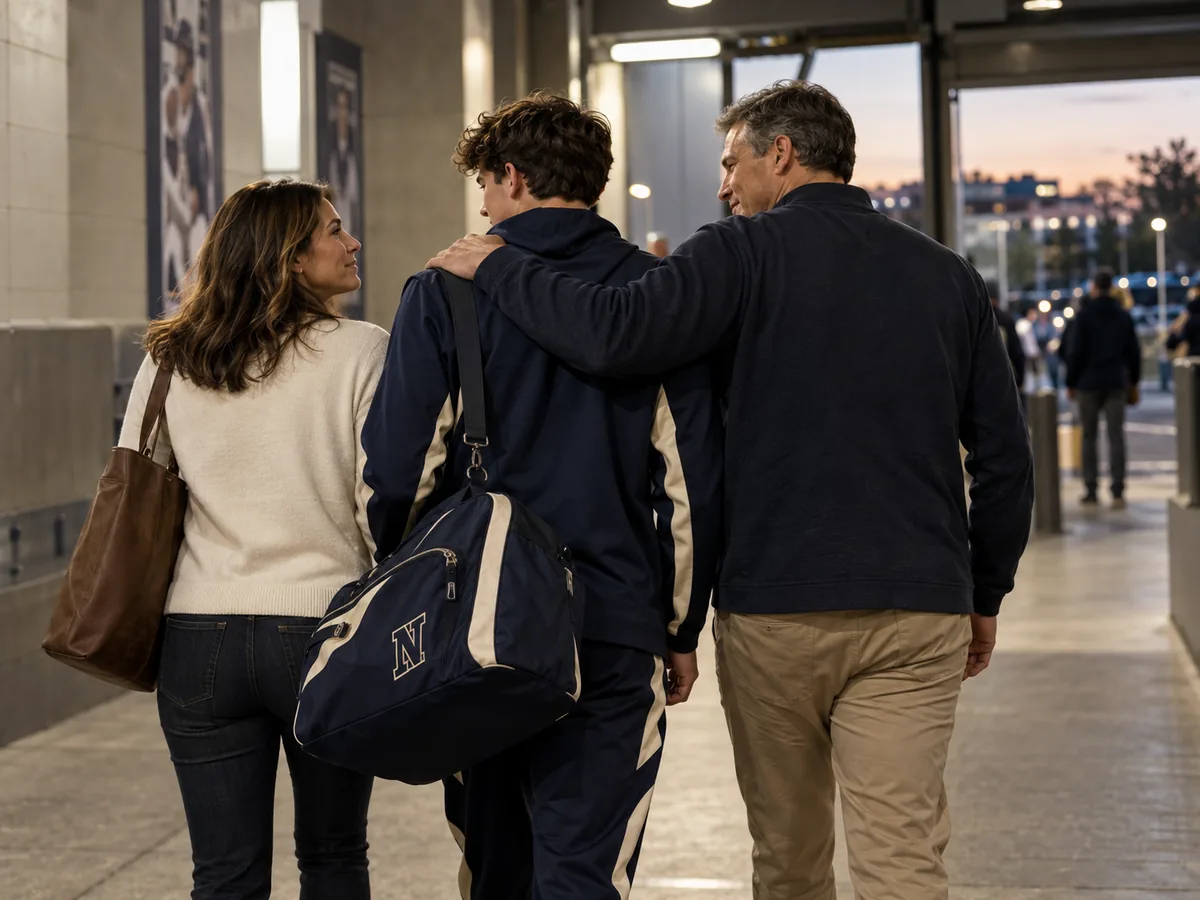 A young athlete leaving an arena with both parents